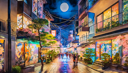 A night neon street at the downtown in Nakano Tokyo