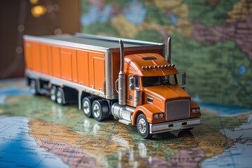 Truck model on map. Transportation and business concepts