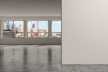 Downtown Philadelphia City Skyline Buildings from High Rise Window. Beautiful Expensive Real Estate overlooking. Empty room Interior. Mockup wall. Skyscrapers Cityscape. Day. Penn. 3d rendering.
