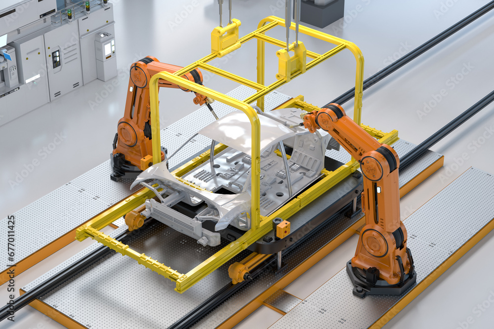 Poster automation automobile factory with robot assembly line manufacture ev car