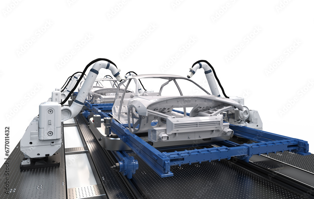 Poster automation automobile factory with robot airbrush painting in car factory
