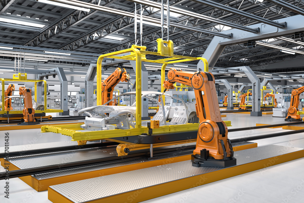 Poster automation automobile factory with robot assembly line manufacture ev car