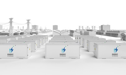 Energy storage system or battery container unit with smart industrial estate park - obrazy, fototapety, plakaty
