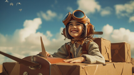 Child playing as a pilot with a homemade cardboard airplane