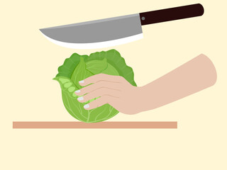 cabbage slicing knife on yellow background.