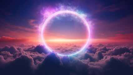 Beautiful neon colorful cloud with a rainbow ring background, in the style of luminous light effects, realistic landscapes with soft edges, dark violet and orange. - obrazy, fototapety, plakaty