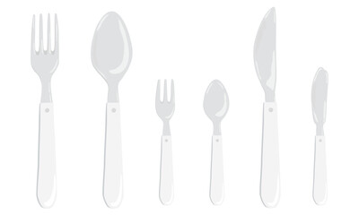 Cutlery, Silverware fork knife spoon with white handle. Stainless steel tableware. Hand drawn illustration. Vector Top view