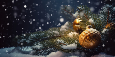 Obraz na płótnie Canvas Christmas Tree branch and Golden Christmas Ball in snow. Beautiful Background for Christmas and New Year Greeting card, postcard, invitation or banner design, copy space 