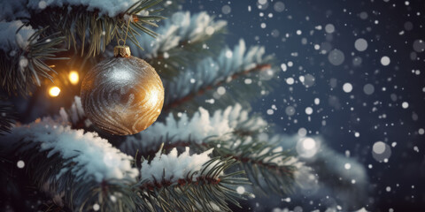 Obraz na płótnie Canvas Snowy Christmas Tree branch with hanging Golden Christmas Ball. Beautiful Background for Christmas and New Year Greeting card, postcard, invitation or banner design, copy space