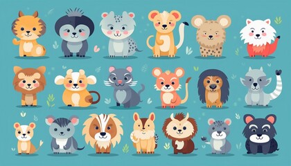Collection of icon illustrations of various cute and funny animals, set design materials