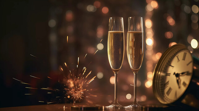 Glasses of champagne with clock gold glitter and beutiful bokeh background with copy space.New year countdown celebration.