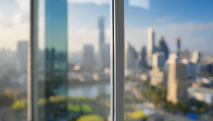 Blurred images of glass wall with city town background.modern abstract windowdrops on a pastel gray...
