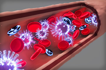 3D render the virus attack the red bloods cell in vein.
