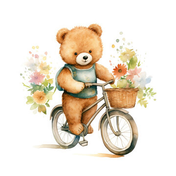 Safari Animal set bear on a bicycle Illustration, Generative Ai