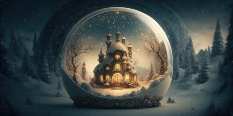 Fairy Tale Christmas House in Snow Globe. Santa Claus House. Magic Castle in Snowy Forest and Fantasy Winter Landscape. Beautiful Christmas and new Year Background