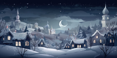 Fairy Tale Christmas Town at night. Snowy Winter Village. Christmas Houses in the snow. Merry Christmas and Happy New Year Background, banner, poster, greeting card