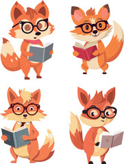 Cute cartoon fox character with glasses reading a book. Vector illustration