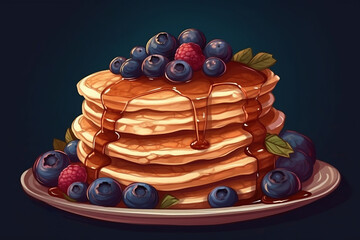 Pancakes on white plate. Baking with syrup or honey. Breakfast concept. American brunch with berries	