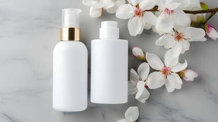 clean white cosmetic containers bottles with flower background