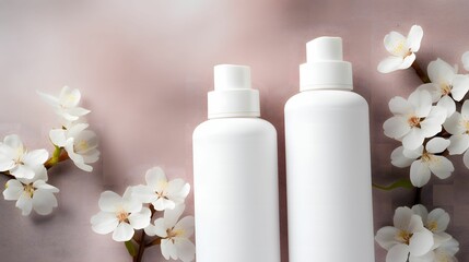 Fototapeta na wymiar clean white cosmetic containers bottles with flower background