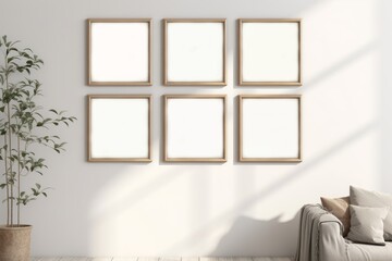 six square frames on the wall, boho interior mockup, Generative AI