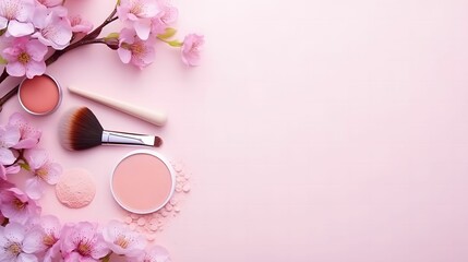 flat lay composition with product for decorative makeup products, cosmetics and flowers.