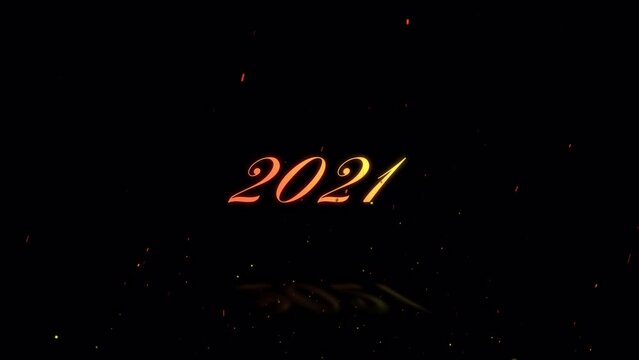 炎とともに現れたり消えたりする文字「2021」背景透過。