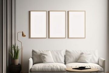 Three frames mockup in modern living room interior with sofa, 3d render, Generative AI