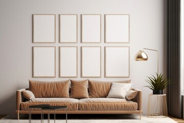 Fototapeta na wymiar Gallery wall mockup in modern living room interior with sofa, Frame mockup, 3d render, Generative AI