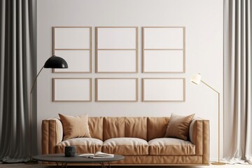 Gallery wall mockup in modern living room interior with sofa, Frame mockup, 3d render, Generative AI