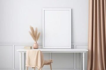 Obraz na płótnie Canvas work space interior wall mockup with pampas and white frame, Generative AI