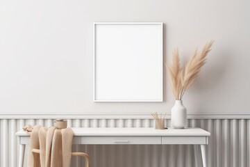 work space interior wall mockup with pampas and white frame, Generative AI