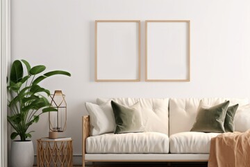 Frame mockup in cozy living room interior, frame mockup, 3d render, Generative AI
