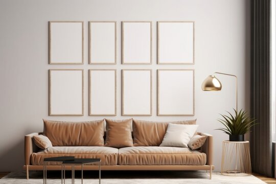 Gallery wall mockup in modern living room interior with sofa, Frame mockup, 3d render, Generative AI
