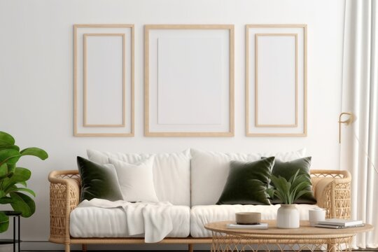 Frame mockup in cozy living room interior, frame mockup, 3d render, Generative AI