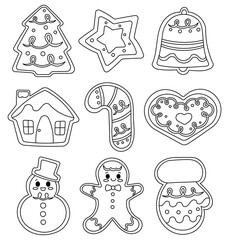 Christmas gingerbread cookies. Coloring Page. Homemade baking. Hand drawn style. Vector drawing. Collection of design elements.