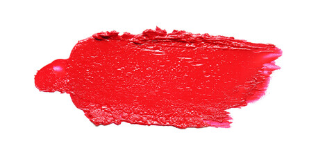 Sample of bright red lipstick on white background