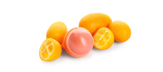 Natural lip balm with kumquats on white background