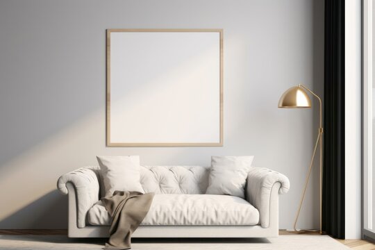 Frame mockup in modern living room interior with sofa, 3d render, Generative AI