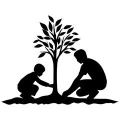 A Father and her child tree planting vector silhouette