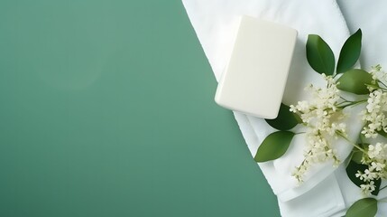 white cosmetic bottle eucalyptus flower towels soap on a green background