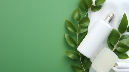 white cosmetic bottle eucalyptus flower towels soap on a green background - obrazy, fototapety, plakaty