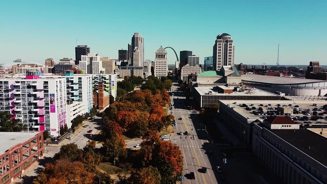 Aerial view of downtown Saint Louis, Missouri with buildings and trees in the fall time.