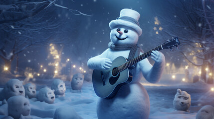Magical Snowman Guitarist in Enchanted Winter Night