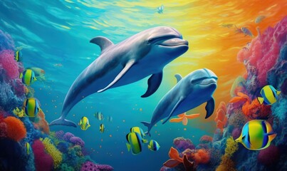 Obraz na płótnie Canvas group of dolphins in colorful underwater, Generative AI