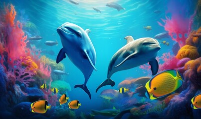 Fototapeta na wymiar group of dolphins in colorful underwater, Generative AI