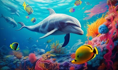 Fototapeta na wymiar group of dolphins in colorful underwater, Generative AI