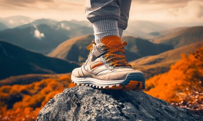 close up sneaker climber climbing up a beautiful mountain on autumn season,  Generative AI - obrazy, fototapety, plakaty