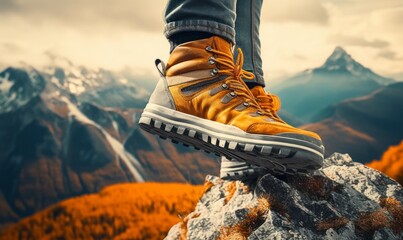 close up sneaker climber climbing up a beautiful mountain on autumn season,  Generative AI - obrazy, fototapety, plakaty