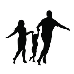 Happy family - father, mother, baby son hold hands and run with fun along edge of sunset sea Black flat vector icon.